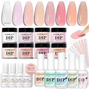AZUREBEAUTY 8 Colors Jelly Translucent Milky White Sheer Pink Nude Neutral Dip Powder Nail Kit & 15ml 8Pcs Dip Powder Liquid Set No Nail Lamp Needed