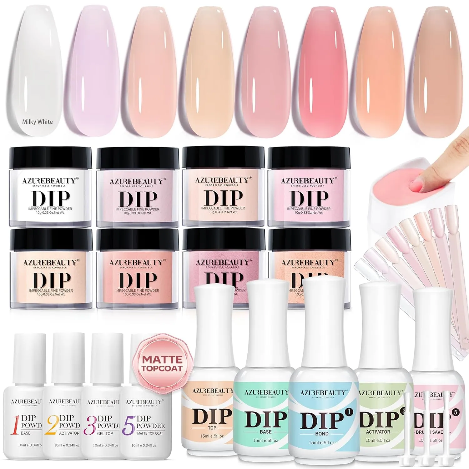AZUREBEAUTY 8 Colors Jelly Translucent Milky White Sheer Pink Nude Neutral Dip Powder Nail Kit & 15ml 8Pcs Dip Powder Liquid Set No Nail Lamp Needed