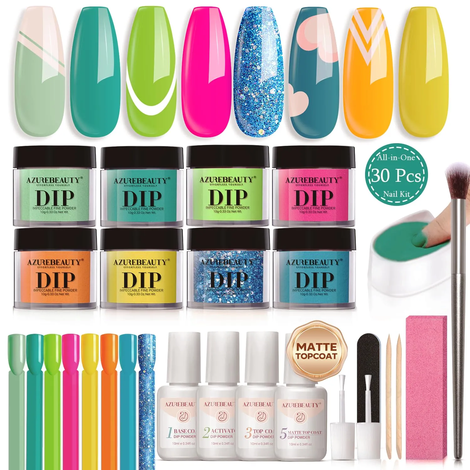 AZUREBEAUTY Dip Nails Powder Starter Kit, Summer Bright Pink Green Series Friendly Acrylic Dip Powder for French Nail Art Manicure,Gift for Women,Air-dry No Nail Lamp Needed