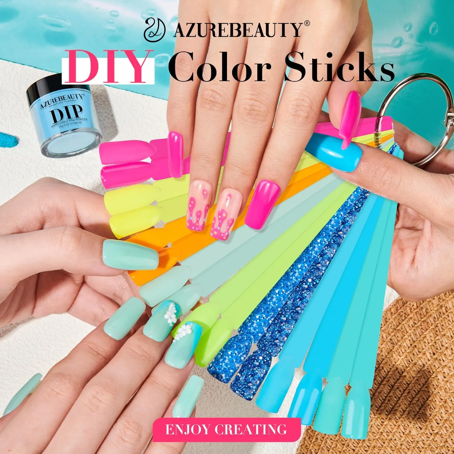 AZUREBEAUTY Dip Nails Powder Starter Kit, Summer Bright Pink Green Series Friendly Acrylic Dip Powder for French Nail Art Manicure,Gift for Women,Air-dry No Nail Lamp Needed