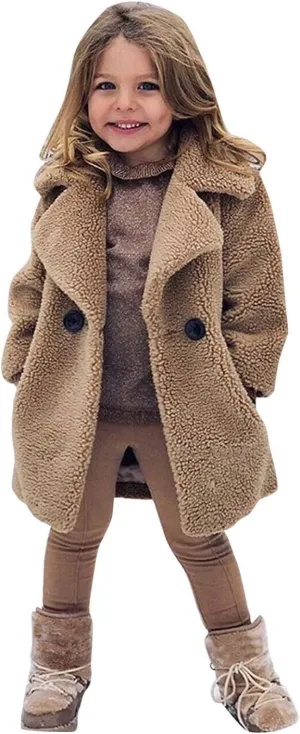 Baby Girls Faux Fur Teddy Long Coat Toddler Kids Winter Fleece Jacket Fluffy Jacket Warm Trench Outwear Overcoat