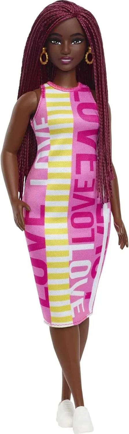 Barbie Fashionistas Doll #189, Curvy with Crimson Braids, Sleeveless Love Dress & Accessories Including Sneakers & Hoop Earrings