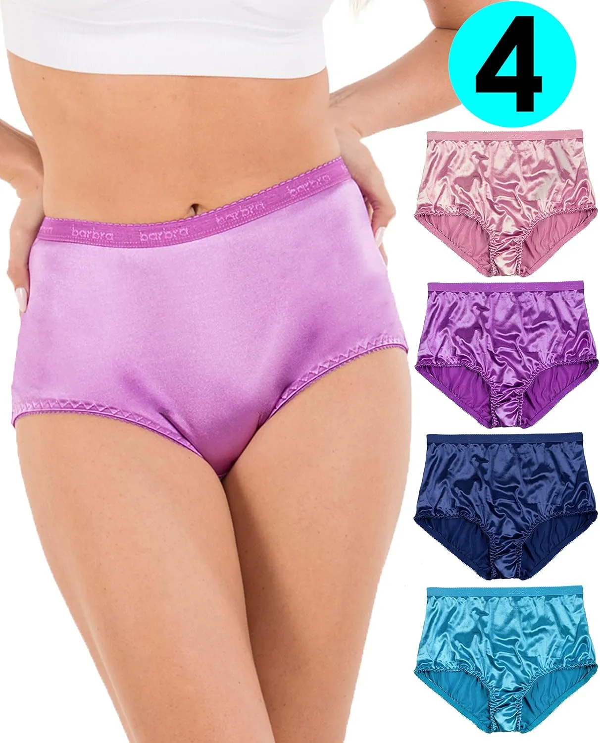 Barbra Lingerie Satin Panties S to Plus Size Womens Underwear Full Coverage Brief Multi-Pack
