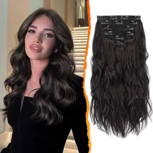 BARSDAR Beach Wavy Black Brown Clip in Hair Extensions – 16 Inch 6PCS Thick Soft Synthetic Hairpieces, Full Head Clip in Hair Extensions for Women – Voluminous Easy Wear Daily Party - Black Brown