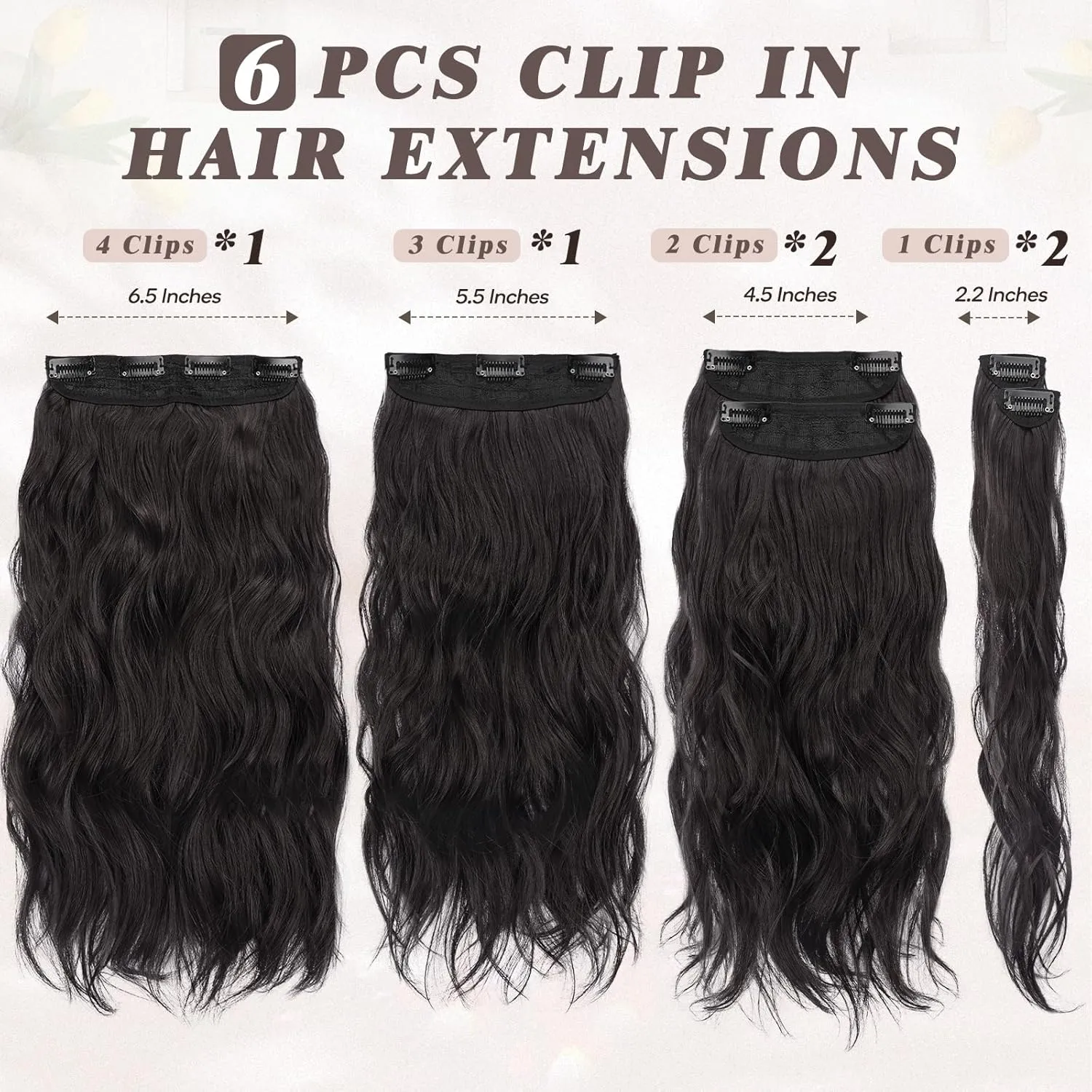 BARSDAR Beach Wavy Black Brown Clip in Hair Extensions – 16 Inch 6PCS Thick Soft Synthetic Hairpieces, Full Head Clip in Hair Extensions for Women – Voluminous Easy Wear Daily Party - Black Brown
