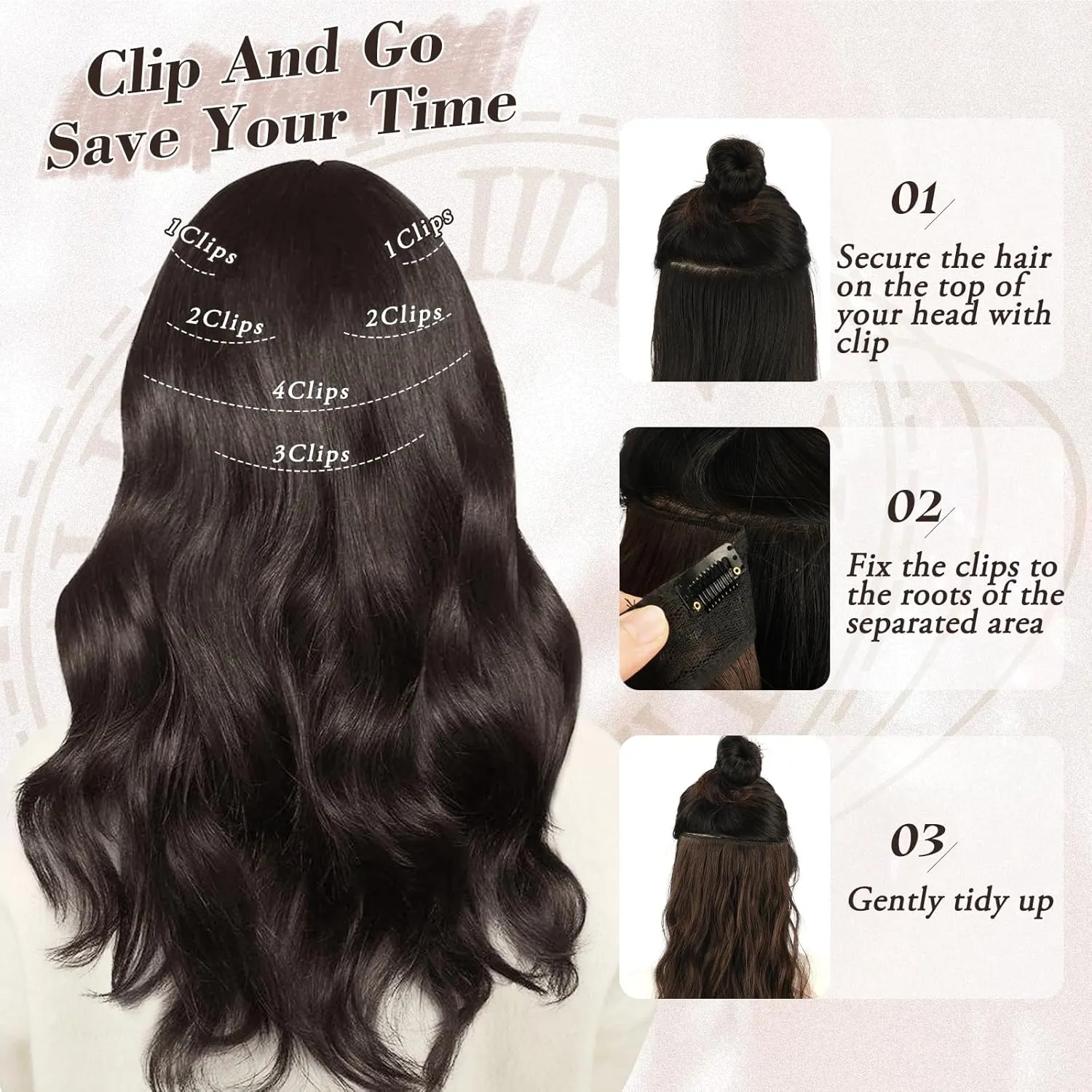 BARSDAR Beach Wavy Black Brown Clip in Hair Extensions – 16 Inch 6PCS Thick Soft Synthetic Hairpieces, Full Head Clip in Hair Extensions for Women – Voluminous Easy Wear Daily Party - Black Brown