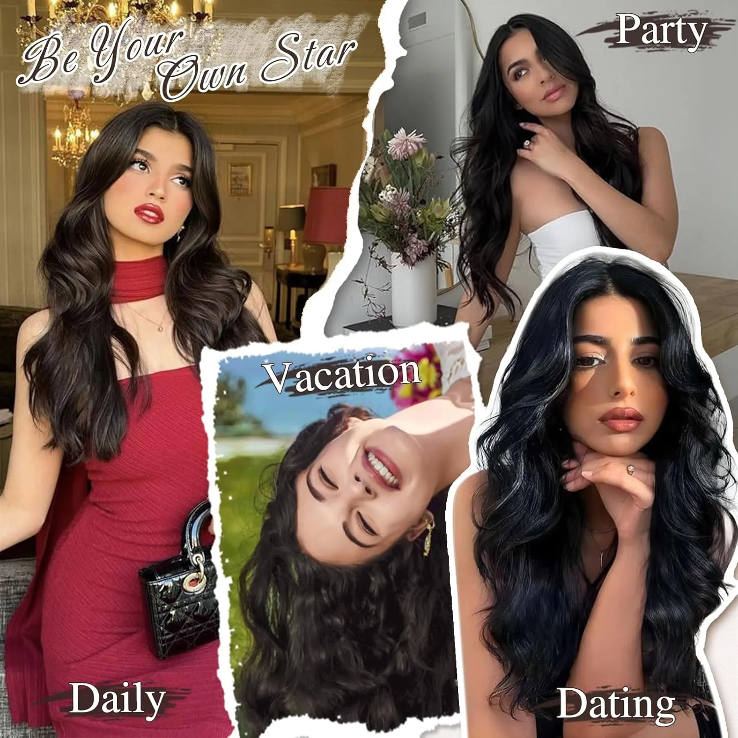 BARSDAR Beach Wavy Black Brown Clip in Hair Extensions – 16 Inch 6PCS Thick Soft Synthetic Hairpieces, Full Head Clip in Hair Extensions for Women – Voluminous Easy Wear Daily Party - Black Brown