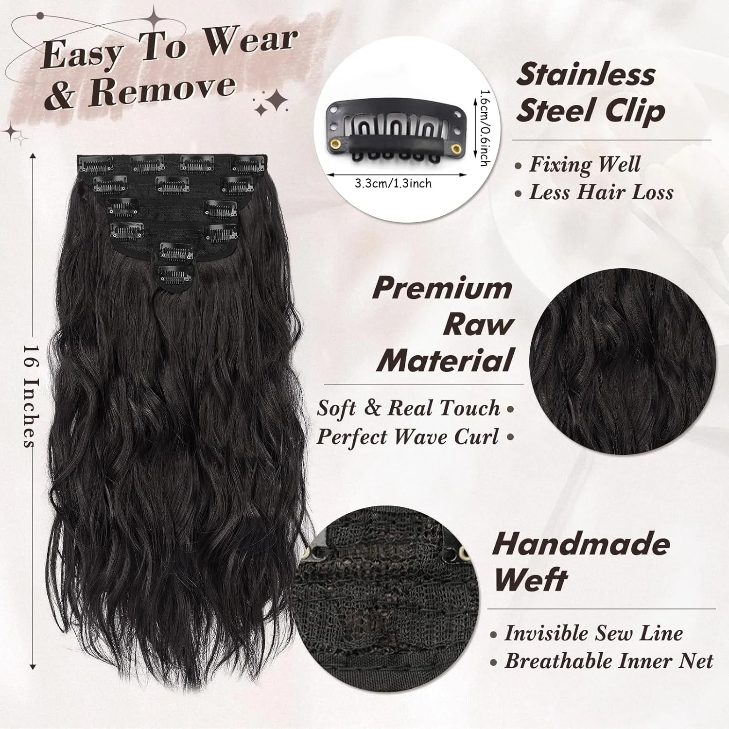 BARSDAR Beach Wavy Black Brown Clip in Hair Extensions – 16 Inch 6PCS Thick Soft Synthetic Hairpieces, Full Head Clip in Hair Extensions for Women – Voluminous Easy Wear Daily Party - Black Brown