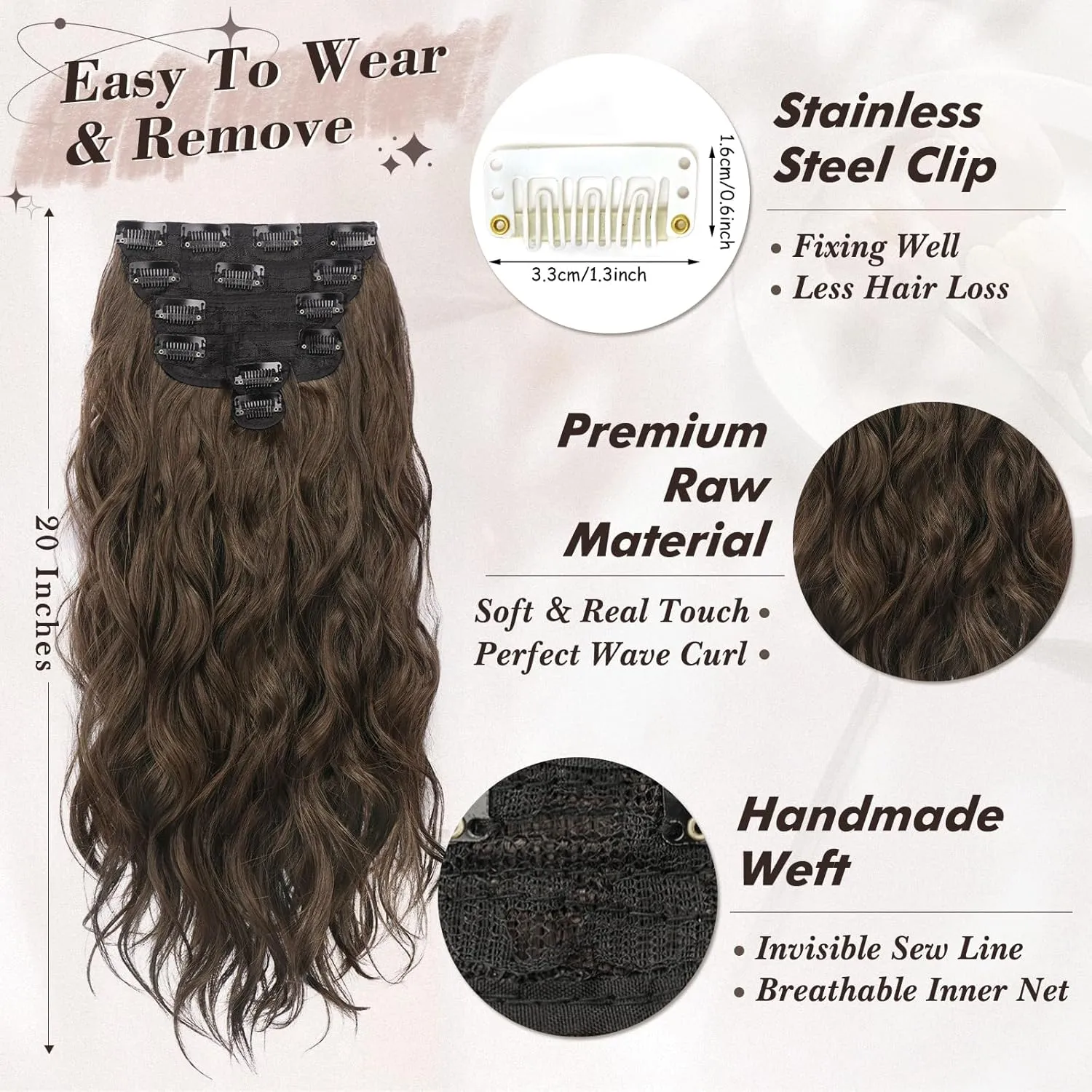 BARSDAR Beach Wavy Brown Clip in Hair Extensions – 20 Inch 6PCS Thick Soft Synthetic Hairpieces, Full Head Clip in Hair Extensions for Women – Long Voluminous Easy Wear Daily Party - Brown