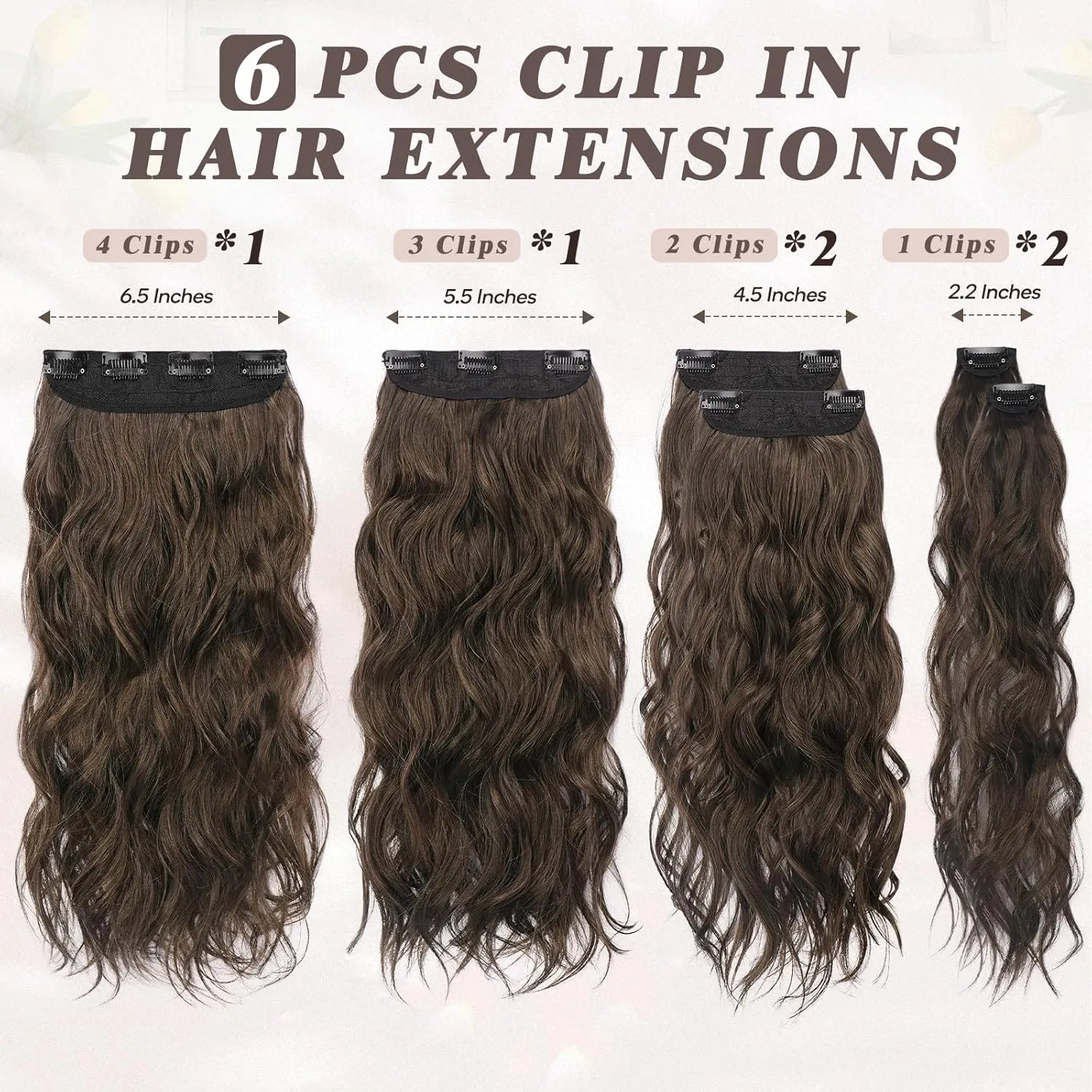 BARSDAR Beach Wavy Brown Clip in Hair Extensions – 20 Inch 6PCS Thick Soft Synthetic Hairpieces, Full Head Clip in Hair Extensions for Women – Long Voluminous Easy Wear Daily Party - Brown