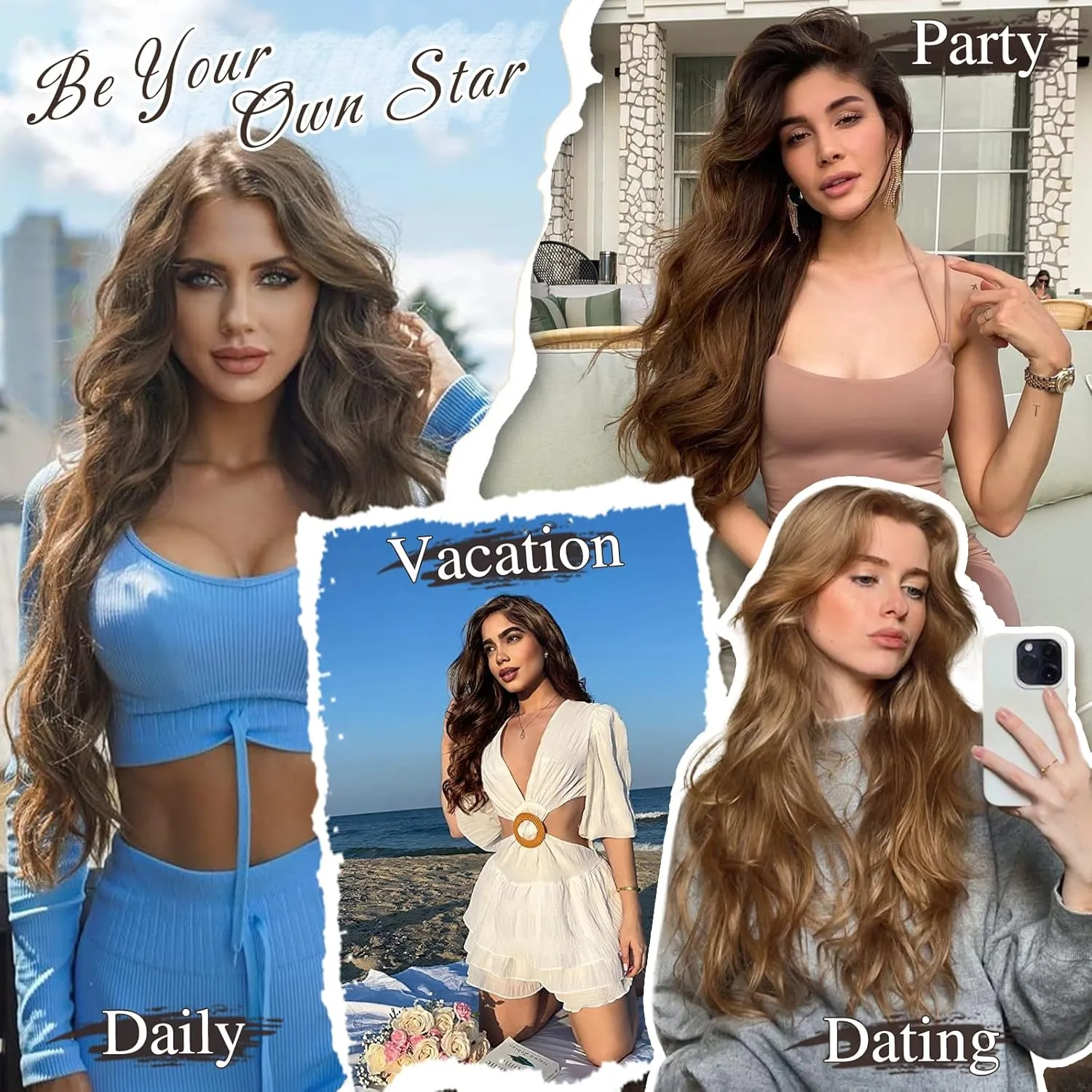 BARSDAR Beach Wavy Brown Clip in Hair Extensions – 20 Inch 6PCS Thick Soft Synthetic Hairpieces, Full Head Clip in Hair Extensions for Women – Long Voluminous Easy Wear Daily Party - Brown