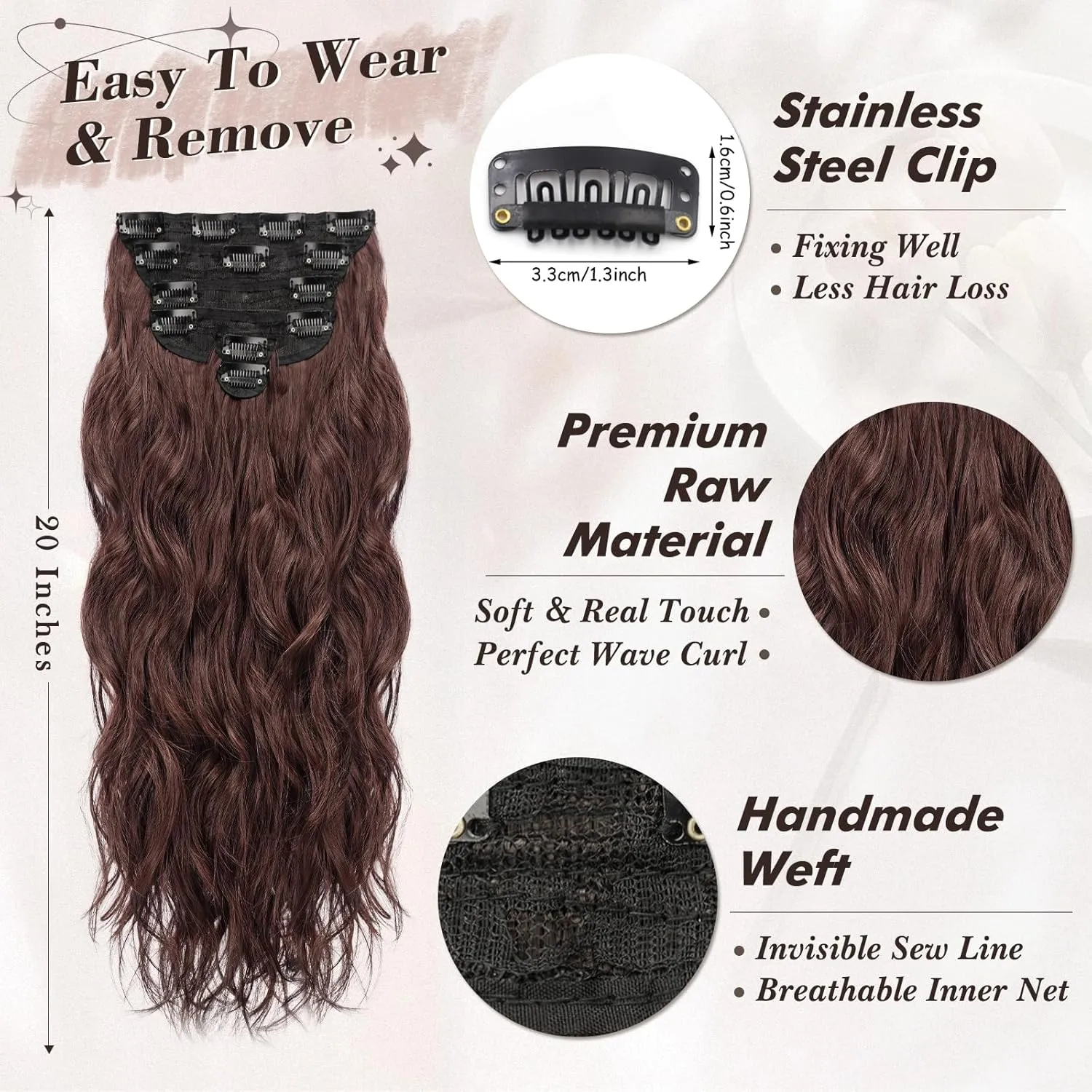 BARSDAR Brown Clip in Hair Extensions - 20 Inch Wavy Clip in Hair Extensions for Women - 6PCs Soft Thick Synthetic Chestnut Hair Extensions Clip ins Hairpieces - Reddish Chestnut Brown