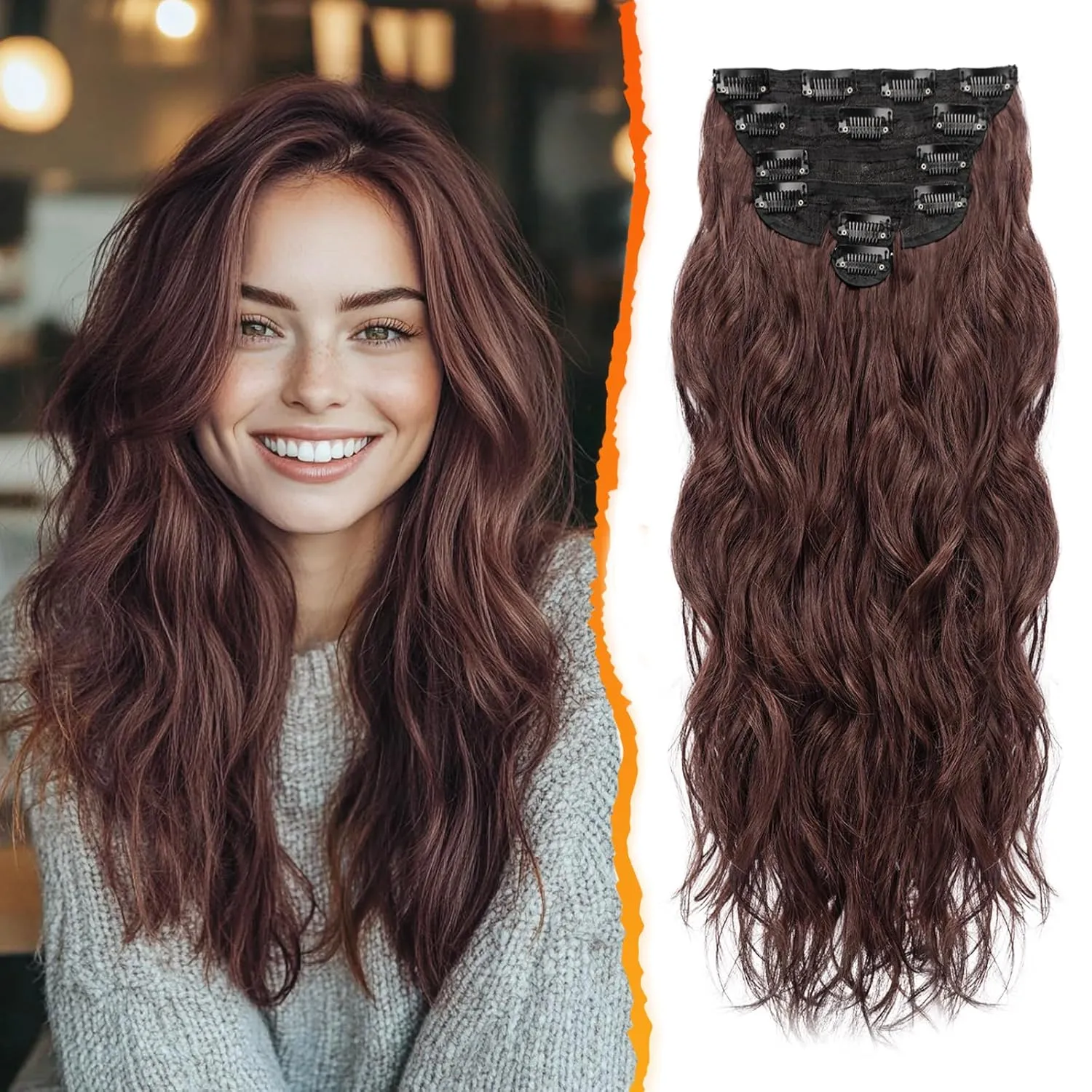 BARSDAR Brown Clip in Hair Extensions - 20 Inch Wavy Clip in Hair Extensions for Women - 6PCs Soft Thick Synthetic Chestnut Hair Extensions Clip ins Hairpieces - Reddish Chestnut Brown