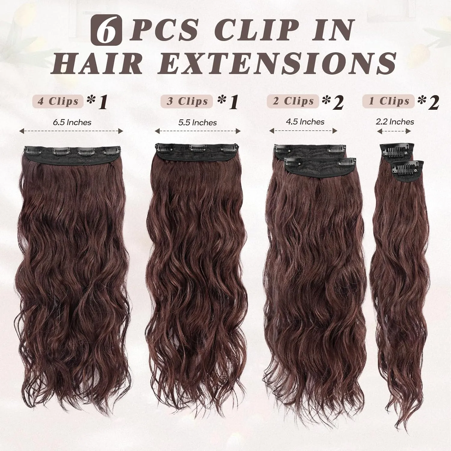 BARSDAR Brown Clip in Hair Extensions - 20 Inch Wavy Clip in Hair Extensions for Women - 6PCs Soft Thick Synthetic Chestnut Hair Extensions Clip ins Hairpieces - Reddish Chestnut Brown