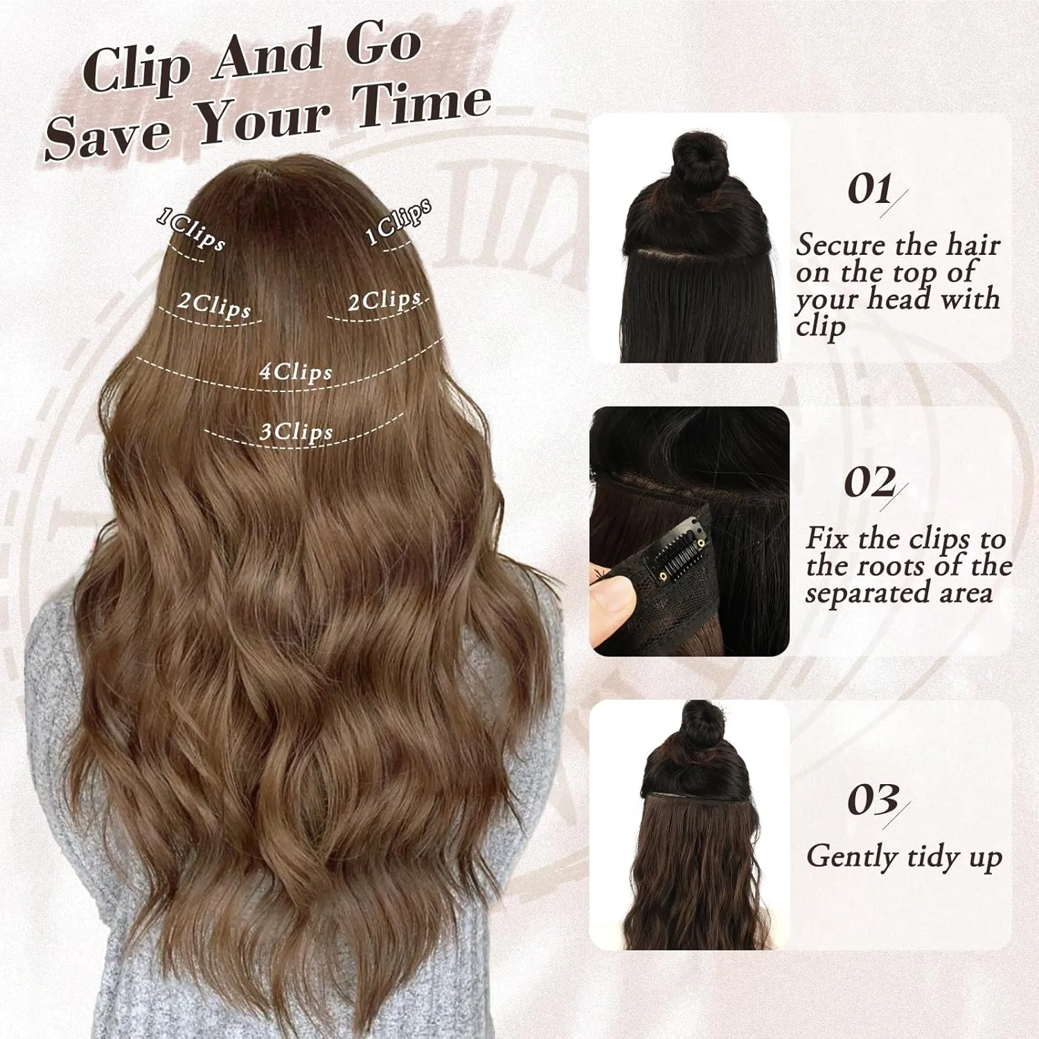 BARSDAR Brown Clip in Hair Extensions - 6PCs Beach Wavy Brown Clip in Hair Extensions for Women - 20 Inch Thick Soft Synthetic Clips on Hairpieces Easy Wear Daily Party Halloween