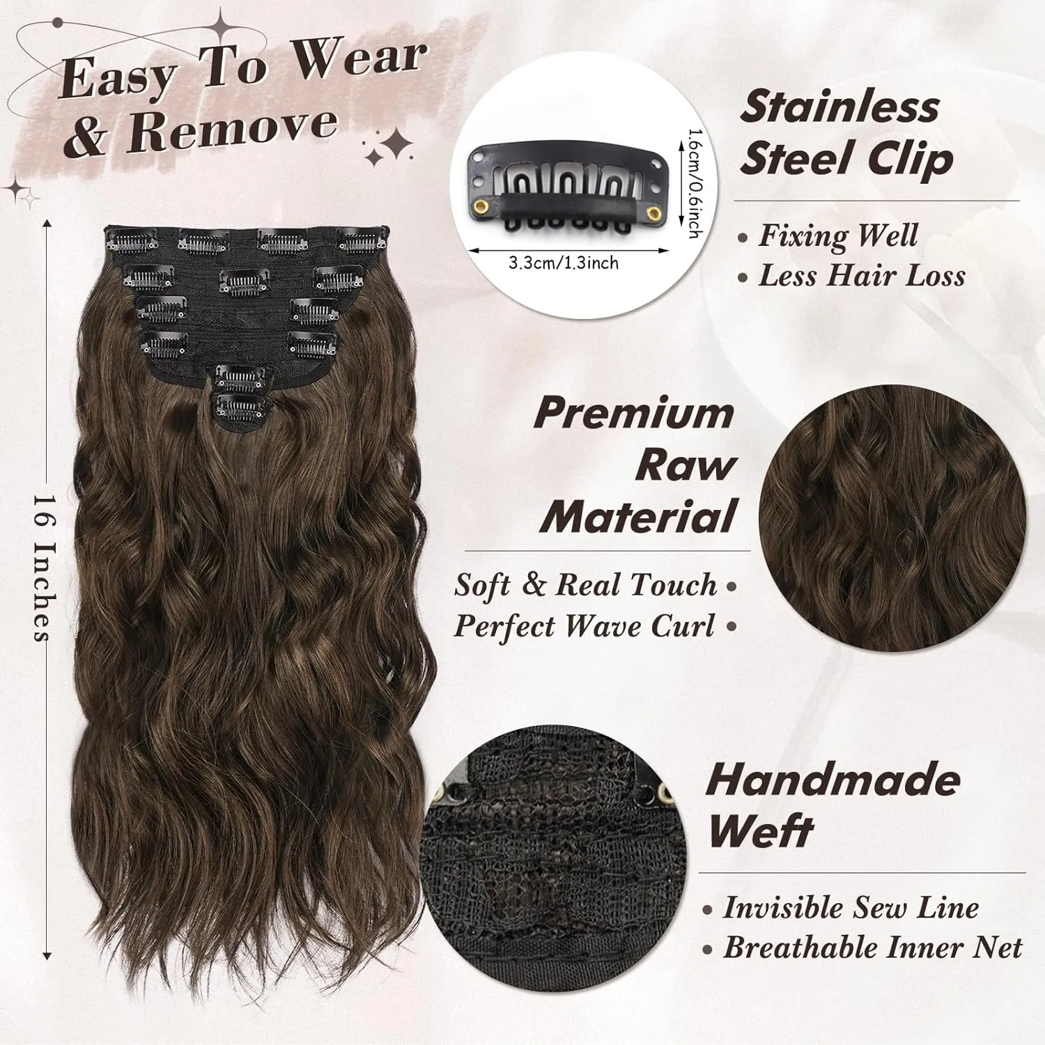 BARSDAR Brown Clip in Hair Extensions - 6PCs Beach Wavy Brown Clip in Hair Extensions for Women - 20 Inch Thick Soft Synthetic Clips on Hairpieces Easy Wear Daily Party Halloween