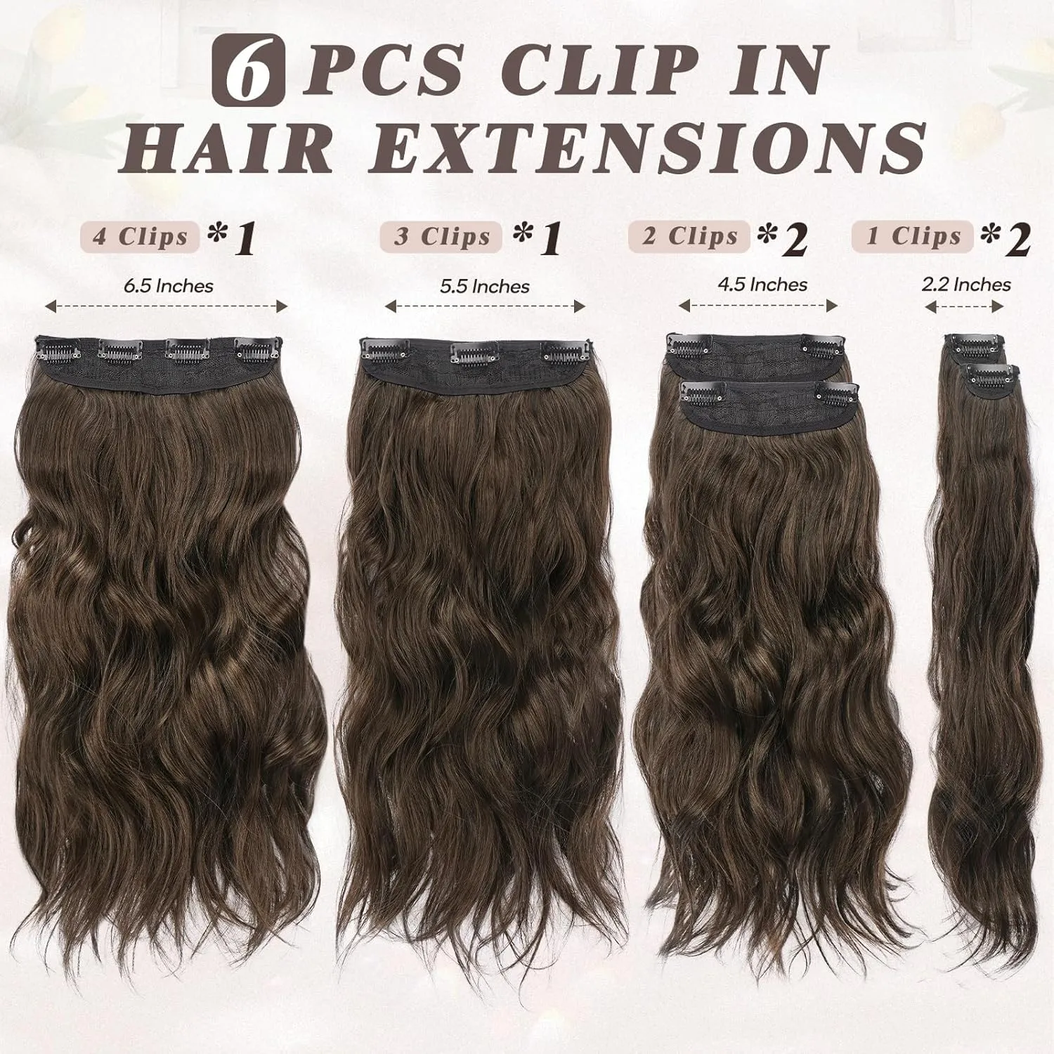 BARSDAR Brown Clip in Hair Extensions - 6PCs Beach Wavy Brown Clip in Hair Extensions for Women - 20 Inch Thick Soft Synthetic Clips on Hairpieces Easy Wear Daily Party Halloween