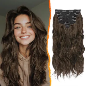 BARSDAR Brown Clip in Hair Extensions - 6PCs Beach Wavy Brown Clip in Hair Extensions for Women - 20 Inch Thick Soft Synthetic Clips on Hairpieces Easy Wear Daily Party Halloween