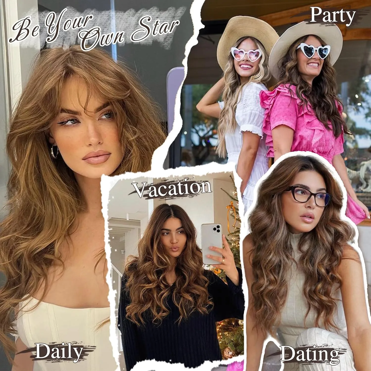 BARSDAR Brown Clip in Hair Extensions - 6PCs Beach Wavy Brown Clip in Hair Extensions for Women - 20 Inch Thick Soft Synthetic Clips on Hairpieces Easy Wear Daily Party Halloween