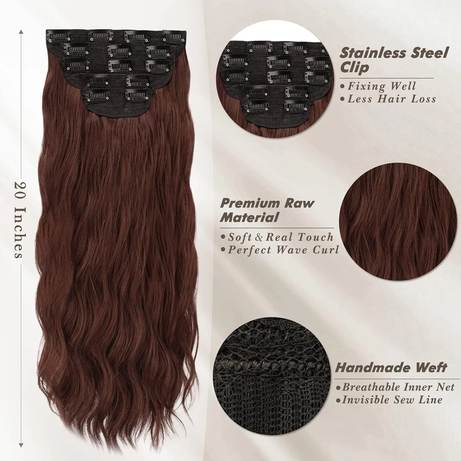 BARSDAR Chestnut Clip in Hair Extensions - 20 Inch Wavy Clip in Hairpieces for Women - 5PCs Thick Soft Synthetic Hairpieces Daily Party Halloween - Copper Chestnut