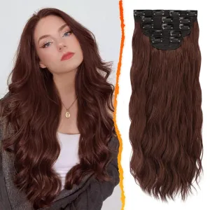 BARSDAR Chestnut Clip in Hair Extensions - 20 Inch Wavy Clip in Hairpieces for Women - 5PCs Thick Soft Synthetic Hairpieces Daily Party Halloween - Copper Chestnut