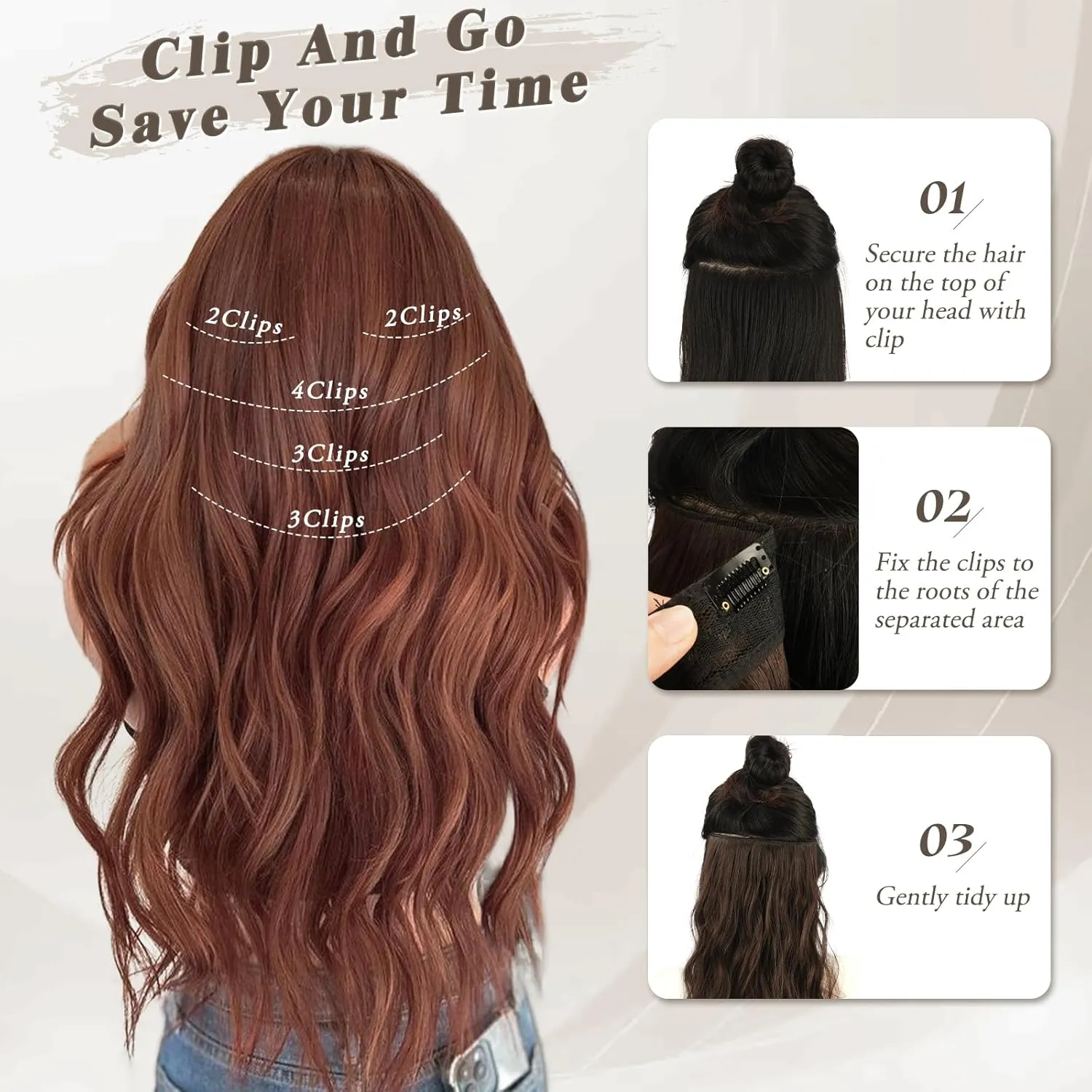 BARSDAR Chestnut Clip in Hair Extensions - 20 Inch Wavy Clip in Hairpieces for Women - 5PCs Thick Soft Synthetic Hairpieces Daily Party Halloween - Copper Chestnut