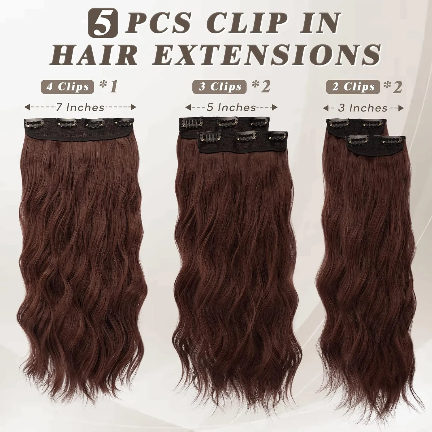 BARSDAR Chestnut Clip in Hair Extensions - 20 Inch Wavy Clip in Hairpieces for Women - 5PCs Thick Soft Synthetic Hairpieces Daily Party Halloween - Copper Chestnut