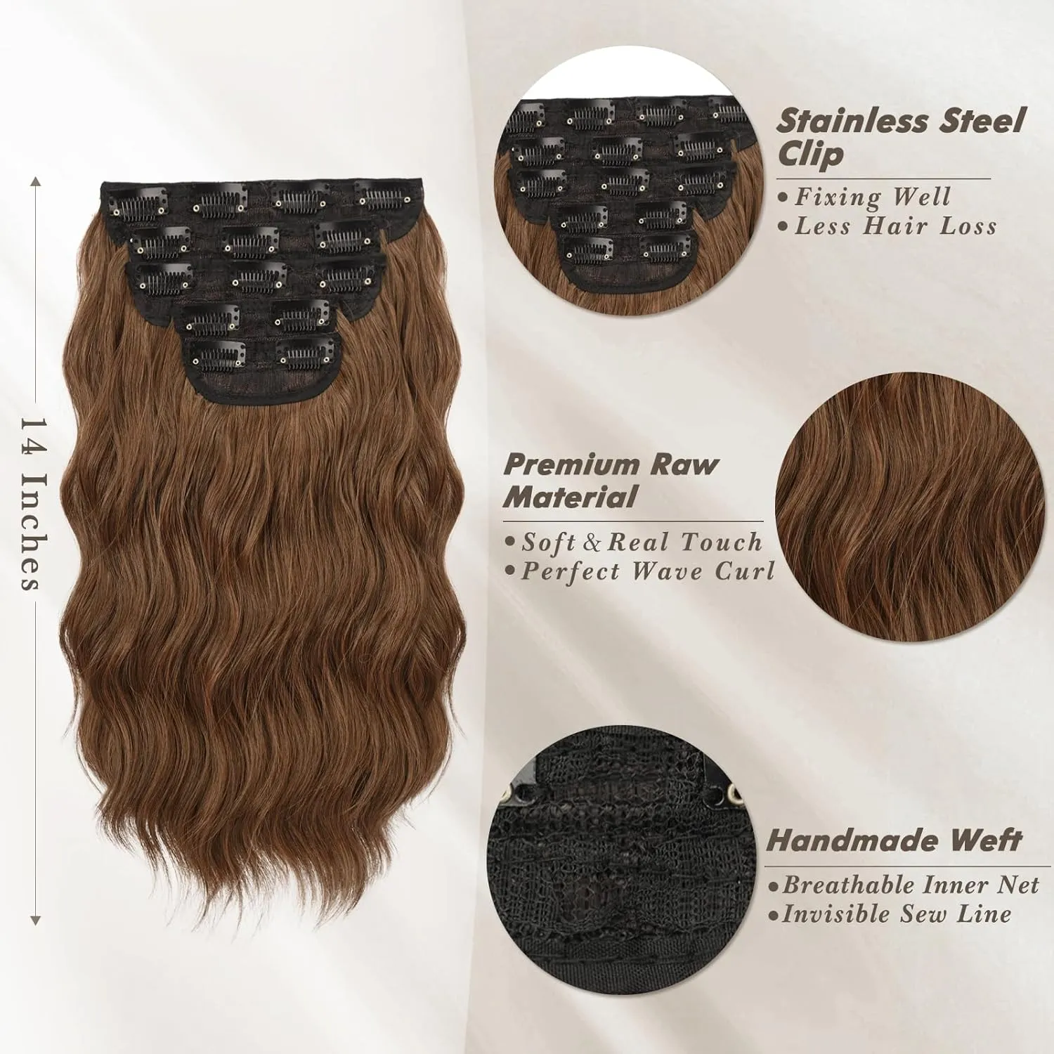BARSDAR Clip-in Hair Extensions - 5PCs Brunette Wavy - 14 Inch Thick Soft Synthetic Clip-in Hairpieces for Women Daily Party Halloween