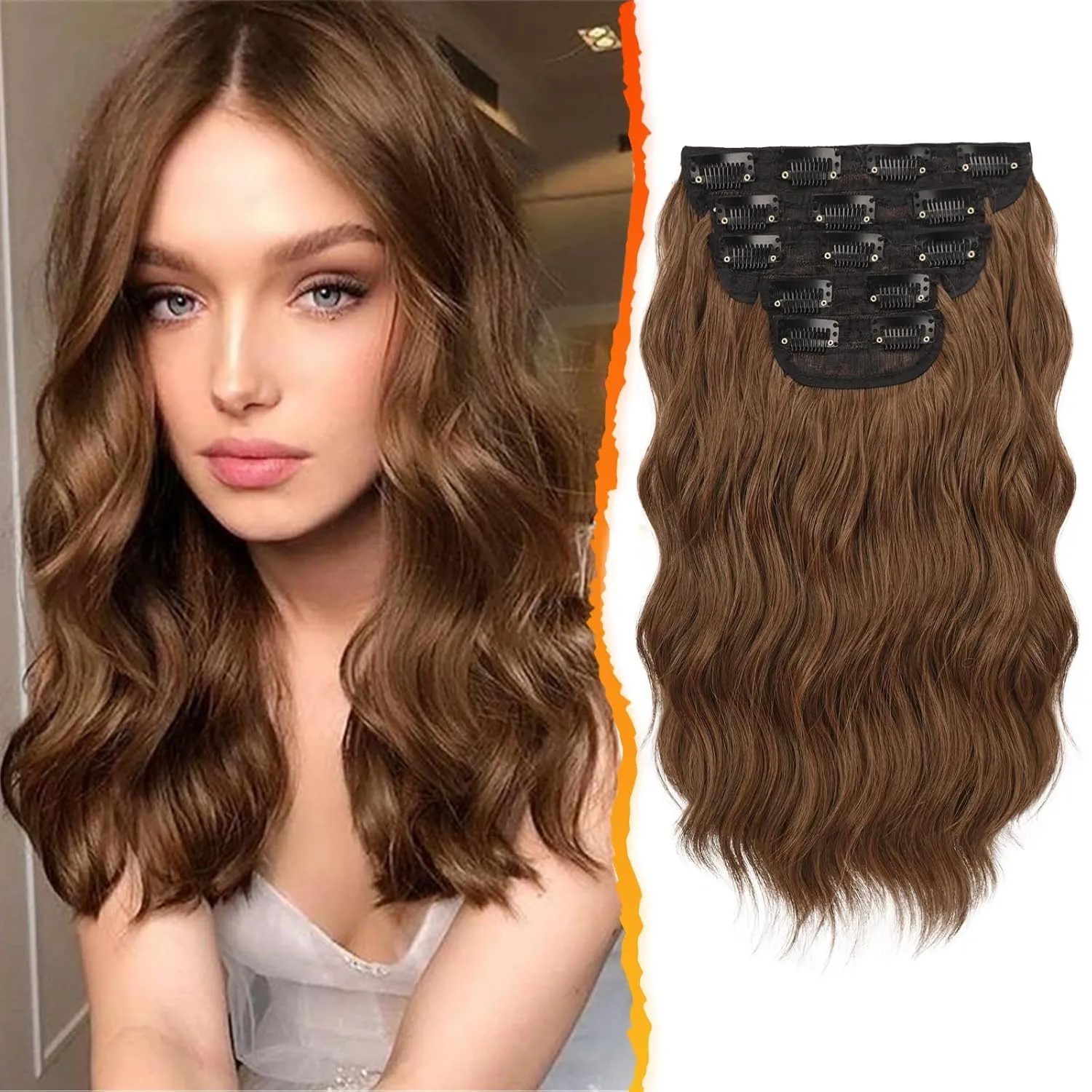 BARSDAR Clip-in Hair Extensions - 5PCs Brunette Wavy - 14 Inch Thick Soft Synthetic Clip-in Hairpieces for Women Daily Party Halloween
