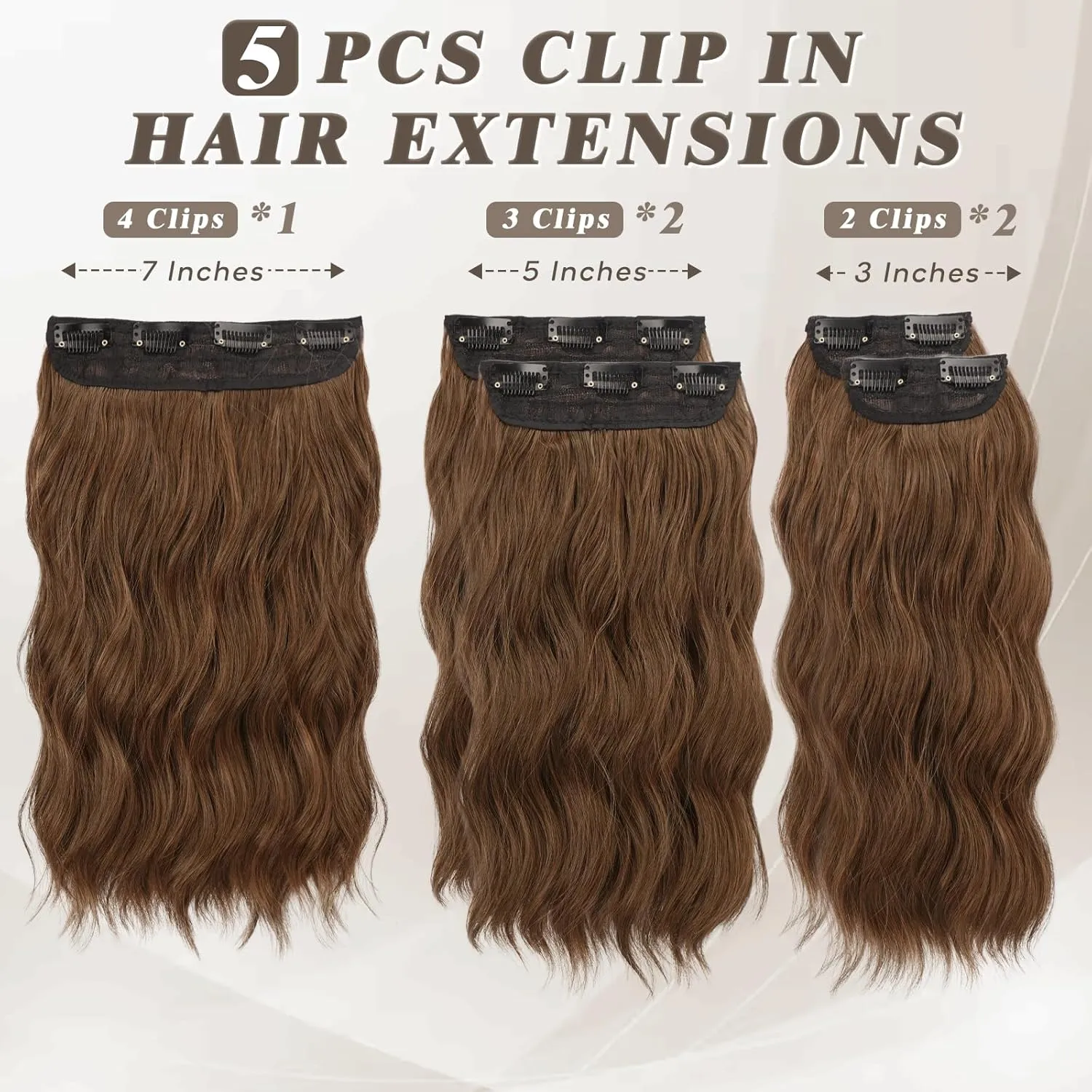 BARSDAR Clip-in Hair Extensions - 5PCs Brunette Wavy - 14 Inch Thick Soft Synthetic Clip-in Hairpieces for Women Daily Party Halloween