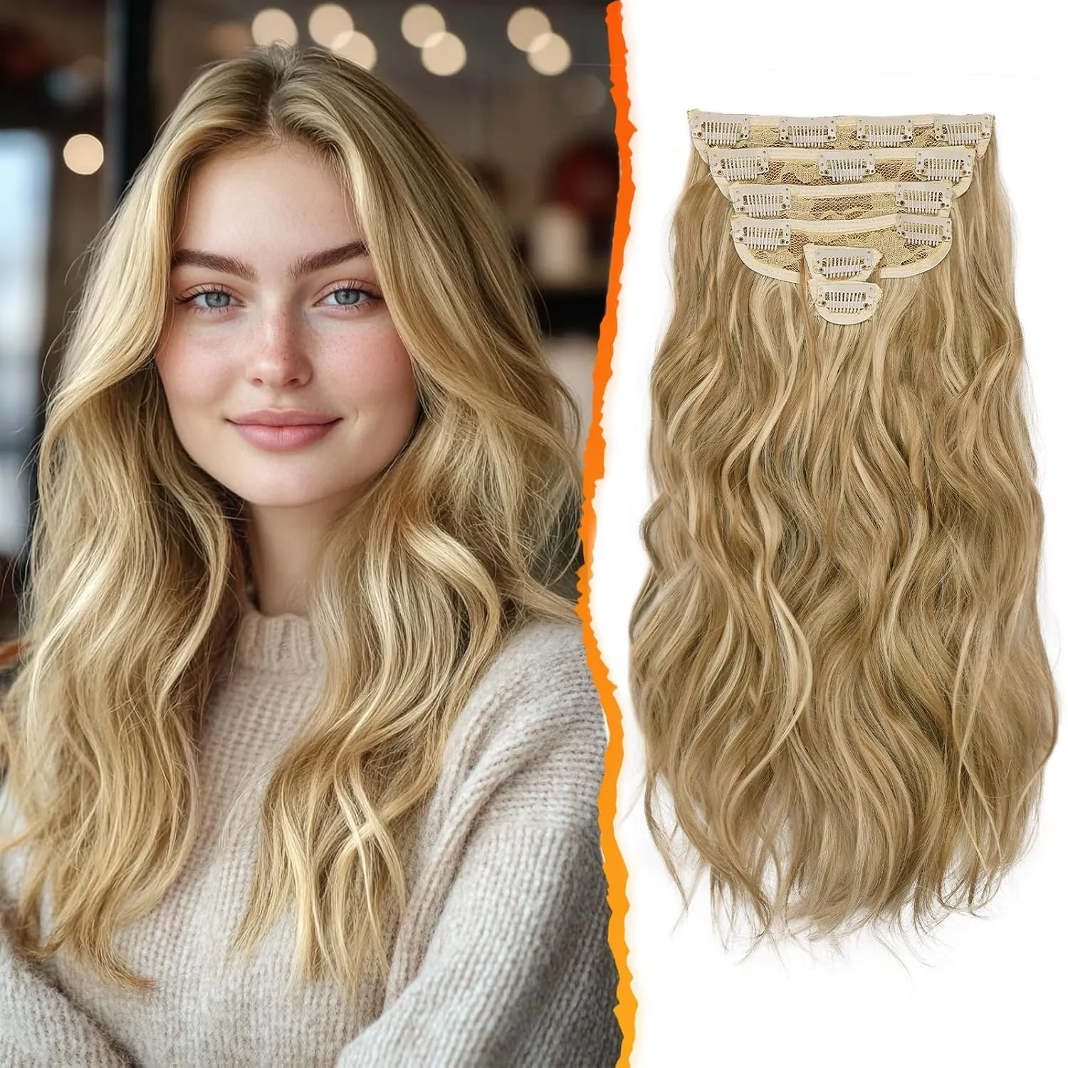 BARSDAR Clip in Hair Extensions - 6PCs Wavy Highlight Clip in Hair Extensions for Women - 16 Inch Full Head Thick Soft Synthetic Clip in Hairpieces Daily - Golden Blonde with Highlights