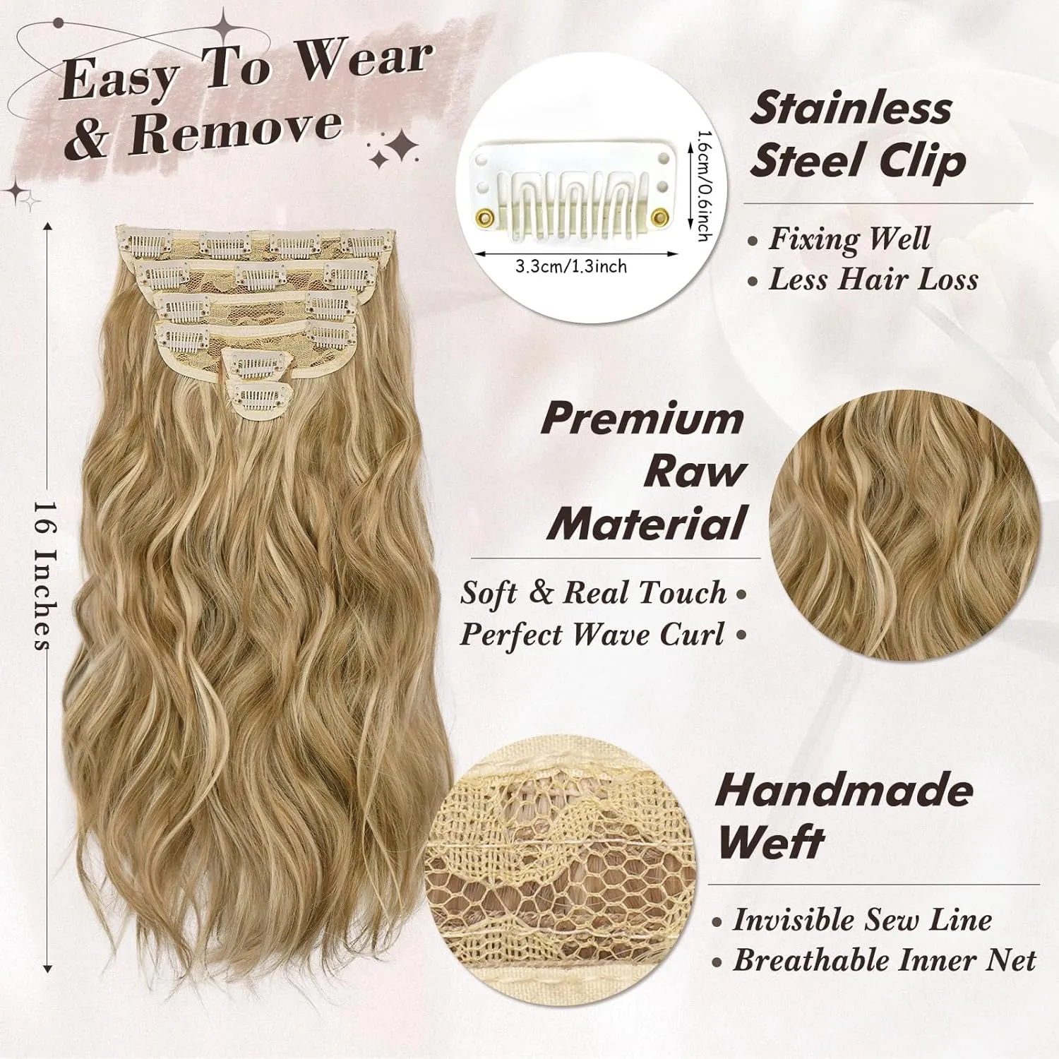 BARSDAR Clip in Hair Extensions - 6PCs Wavy Highlight Clip in Hair Extensions for Women - 16 Inch Full Head Thick Soft Synthetic Clip in Hairpieces Daily - Golden Blonde with Highlights