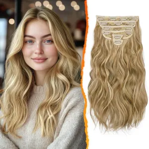 BARSDAR Clip in Hair Extensions - 6PCs Wavy Highlight Clip in Hair Extensions for Women - 16 Inch Full Head Thick Soft Synthetic Clip in Hairpieces Daily - Golden Blonde with Highlights