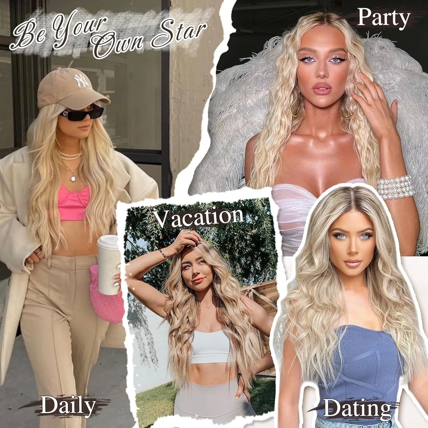 BARSDAR Clip in Hair Extensions - 6PCs Wavy Highlight Clip in Hair Extensions for Women - 16 Inch Full Head Thick Soft Synthetic Clip in Hairpieces Daily - Golden Blonde with Highlights