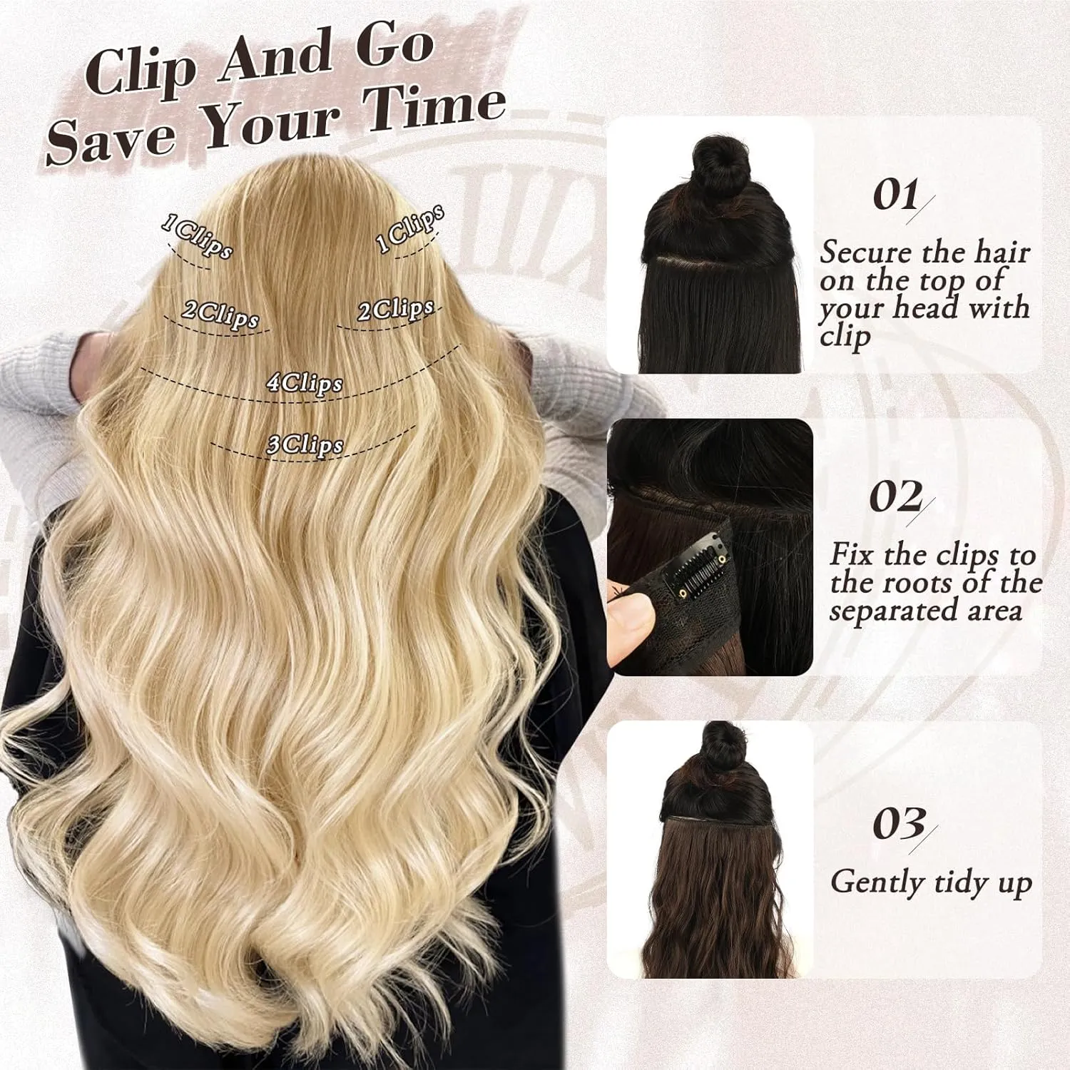 BARSDAR Clip in Hair Extensions - 6PCs Wavy Highlight Clip in Hair Extensions for Women - 16 Inch Full Head Thick Soft Synthetic Clip in Hairpieces Daily - Golden Blonde with Highlights