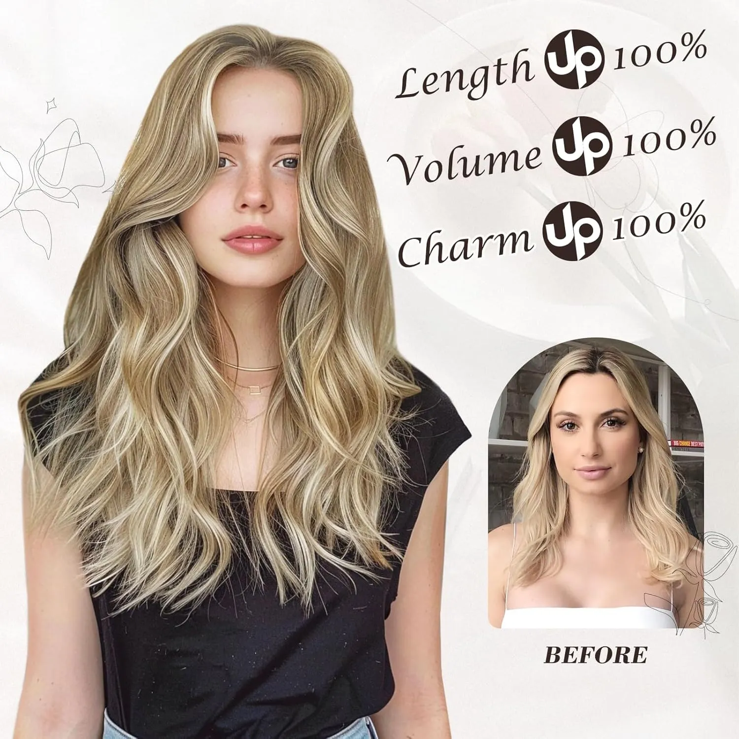 BARSDAR Clip in Hair Extensions - 6PCs Wavy Highlight Clip in Hair Extensions for Women - 16 Inch Full Head Thick Soft Synthetic Clip in Hairpieces Daily - Golden Blonde with Highlights