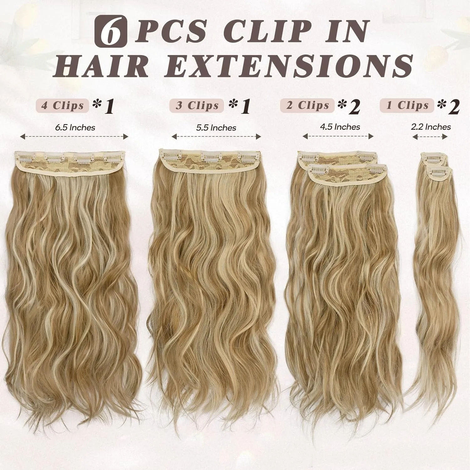 BARSDAR Clip in Hair Extensions - 6PCs Wavy Highlight Clip in Hair Extensions for Women - 16 Inch Full Head Thick Soft Synthetic Clip in Hairpieces Daily - Golden Blonde with Highlights