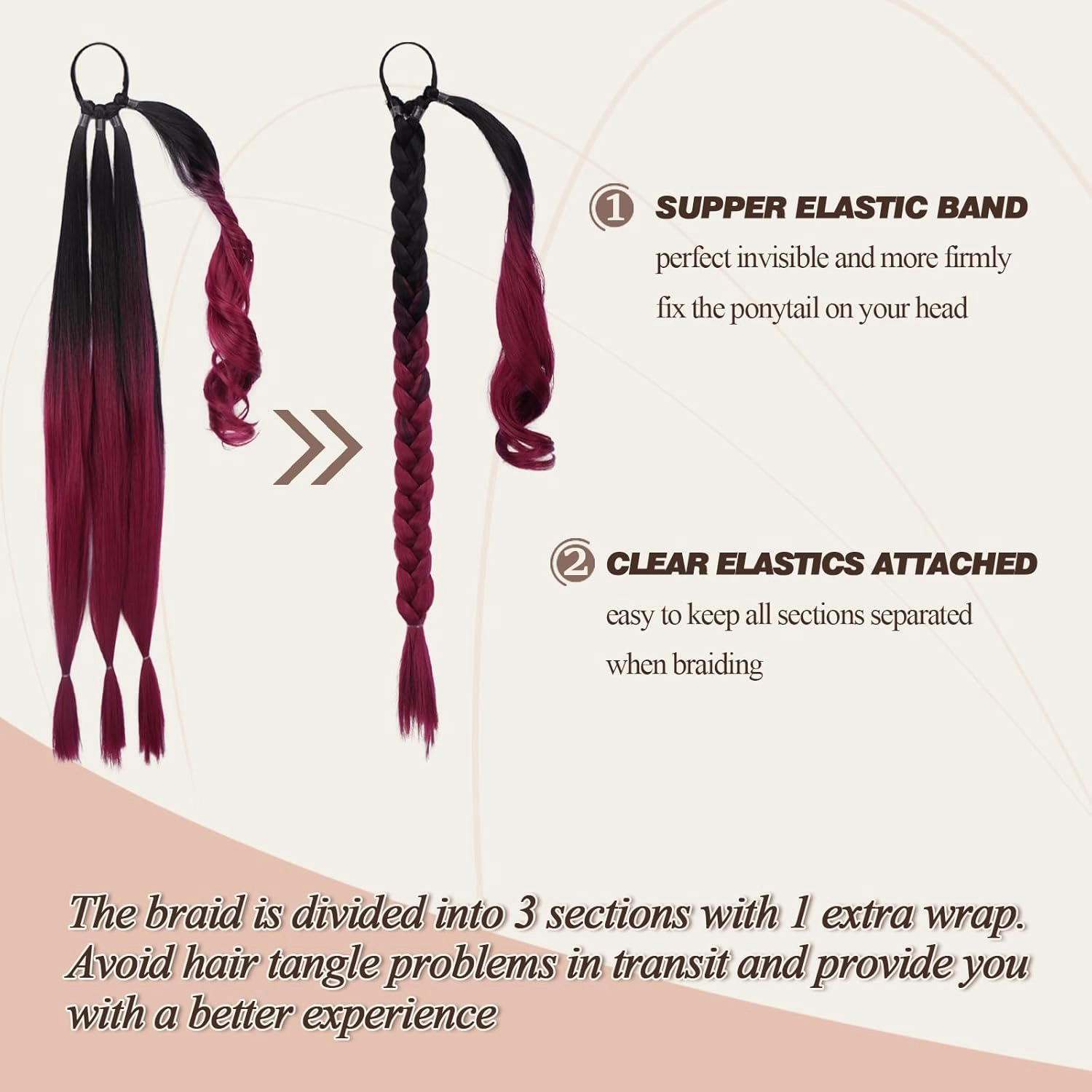 BARSDAR 26 Inch Long Braided Ponytail Extension - Straight Wrap Around Ombre Red Braid Ponytail Hair Extensions with Hair Tie - Synthetic Pony Tails Hairpieces for Women - Ombre Red