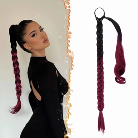 BARSDAR 26 Inch Long Braided Ponytail Extension - Straight Wrap Around Ombre Red Braid Ponytail Hair Extensions with Hair Tie - Synthetic Pony Tails Hairpieces for Women - Ombre Red