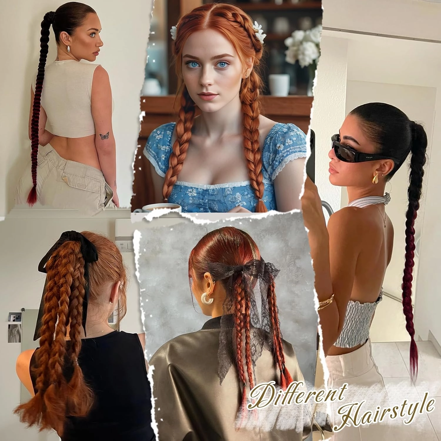 BARSDAR 26 Inch Long Braided Ponytail Extension - Straight Wrap Around Ombre Red Braid Ponytail Hair Extensions with Hair Tie - Synthetic Pony Tails Hairpieces for Women - Ombre Red