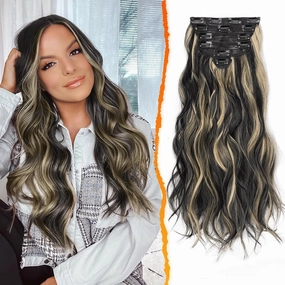 BARSDAR Black Mix Blonde Highlight Clip in Hair Extensions - 20 Inch Beach Wavy Clip in Hair Extensions for Women - 6PCs Thick Soft Synthetic Balayage Hairpieces Daily Party Halloween