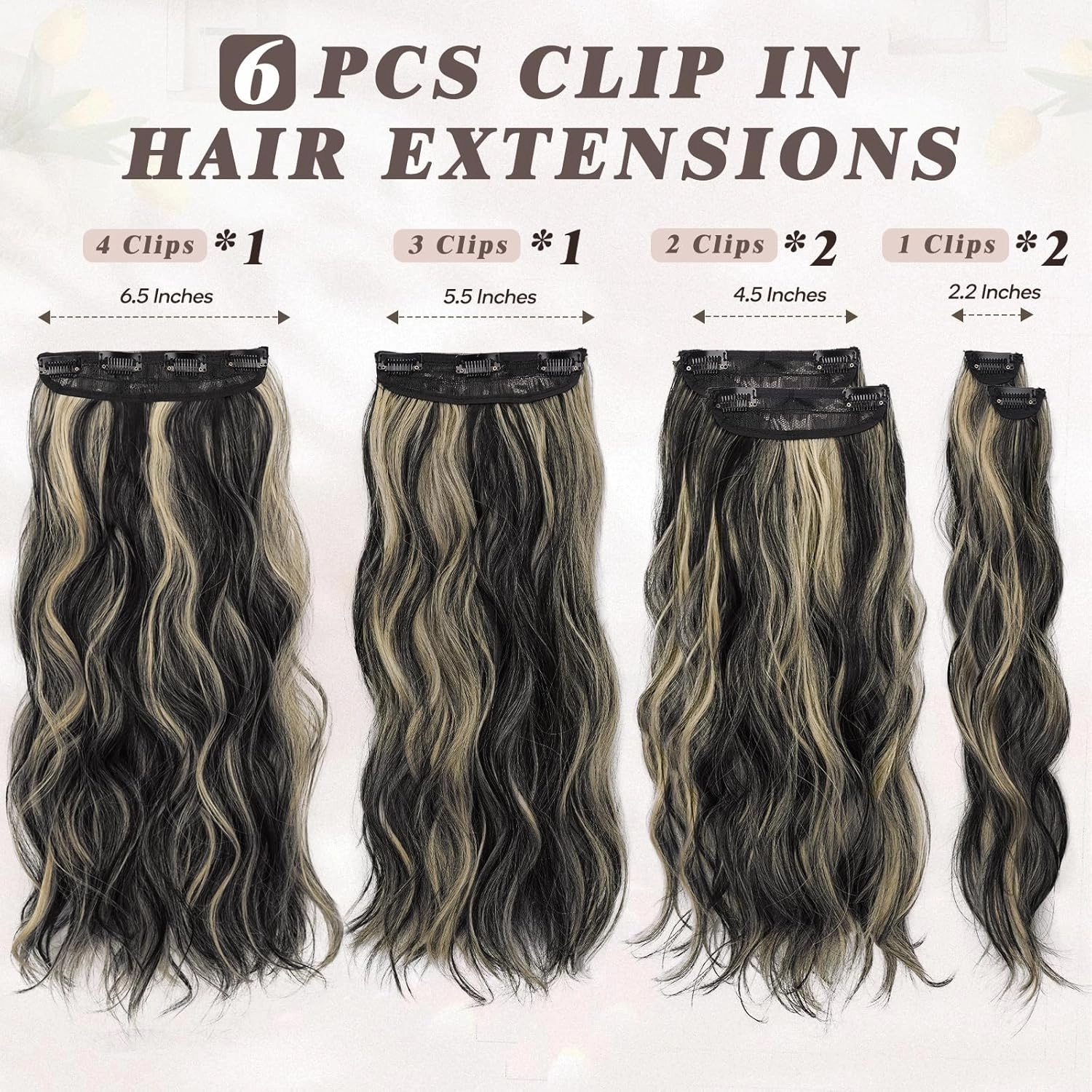 BARSDAR Black Mix Blonde Highlight Clip in Hair Extensions - 20 Inch Beach Wavy Clip in Hair Extensions for Women - 6PCs Thick Soft Synthetic Balayage Hairpieces Daily Party Halloween