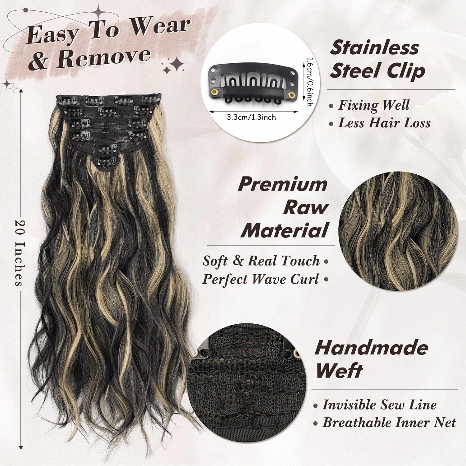 BARSDAR Black Mix Blonde Highlight Clip in Hair Extensions - 20 Inch Beach Wavy Clip in Hair Extensions for Women - 6PCs Thick Soft Synthetic Balayage Hairpieces Daily Party Halloween