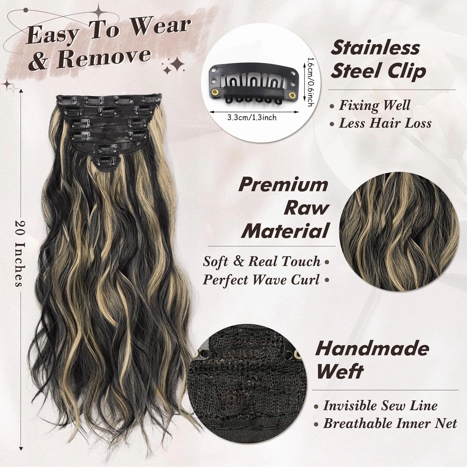 BARSDAR Black Mix Blonde Highlight Clip in Hair Extensions - 20 Inch Beach Wavy Clip in Hair Extensions for Women - 6PCs Thick Soft Synthetic Balayage Hairpieces Daily Party Halloween
