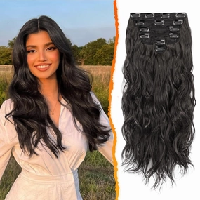 BARSDAR Clip in Hair Extensions for Women - 20 Inch Long Wavy Black Brown Hair Extensions - 6PCs Full Head Thick Soft Synthetic Clip in Hairpieces Daily Party Halloween - Black Brown