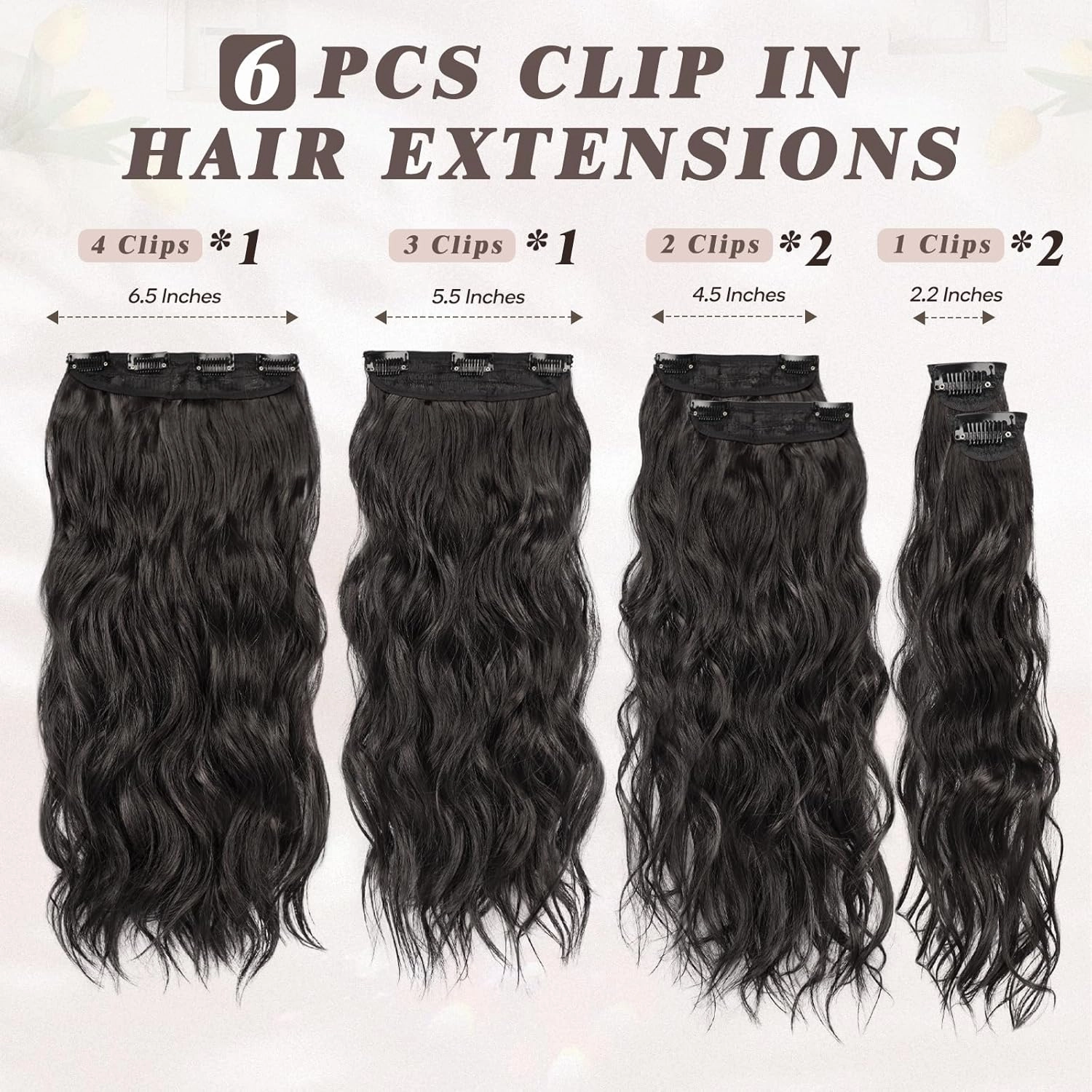 BARSDAR Clip in Hair Extensions for Women - 20 Inch Long Wavy Black Brown Hair Extensions - 6PCs Full Head Thick Soft Synthetic Clip in Hairpieces Daily Party Halloween - Black Brown