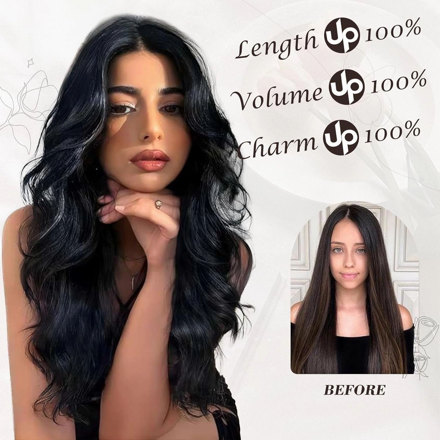 BARSDAR Clip in Hair Extensions for Women - 20 Inch Long Wavy Black Brown Hair Extensions - 6PCs Full Head Thick Soft Synthetic Clip in Hairpieces Daily Party Halloween - Black Brown
