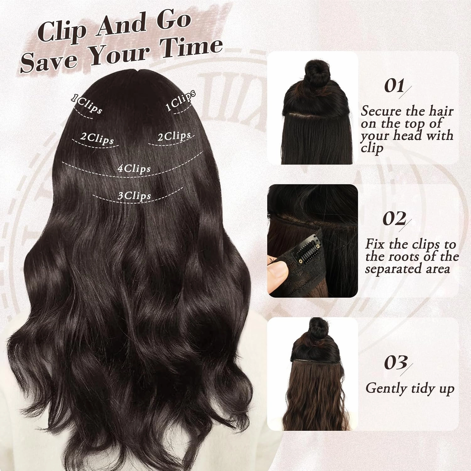 BARSDAR Clip in Hair Extensions for Women - 20 Inch Long Wavy Black Brown Hair Extensions - 6PCs Full Head Thick Soft Synthetic Clip in Hairpieces Daily Party Halloween - Black Brown