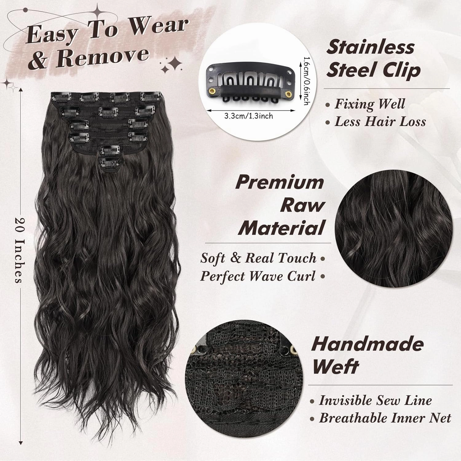 BARSDAR Clip in Hair Extensions for Women - 20 Inch Long Wavy Black Brown Hair Extensions - 6PCs Full Head Thick Soft Synthetic Clip in Hairpieces Daily Party Halloween - Black Brown