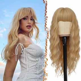 BARSDAR Long Blonde Wig With Bangs - 26 Inch Long Wavy Blonde Wig With Bangs for Women - Natural Looking Soft Synthetic Hair Aurora Wigs Daily Party Halloween Wigs